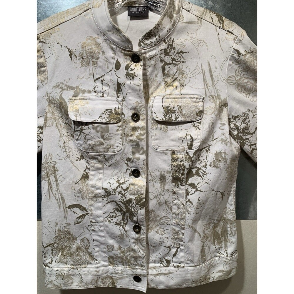Denim Jacket Additions By Chicos Stretch Shiny Gold/Green Floral Print Size 1